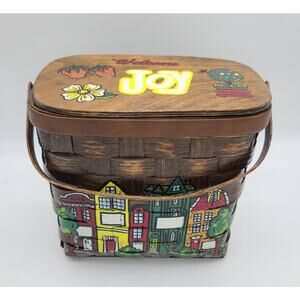 1970s Caro Nan Woven Basket Purse Hand-Painted 'Welcome Joy' Quilt Insert Signed